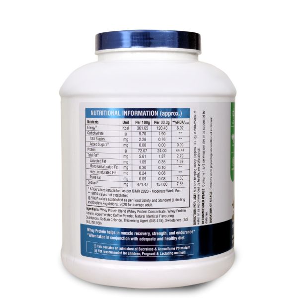 White protein powder container with blue label showing nutritional information on a white background